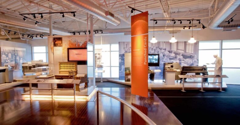 Museum space with displays of an array of historic computers.